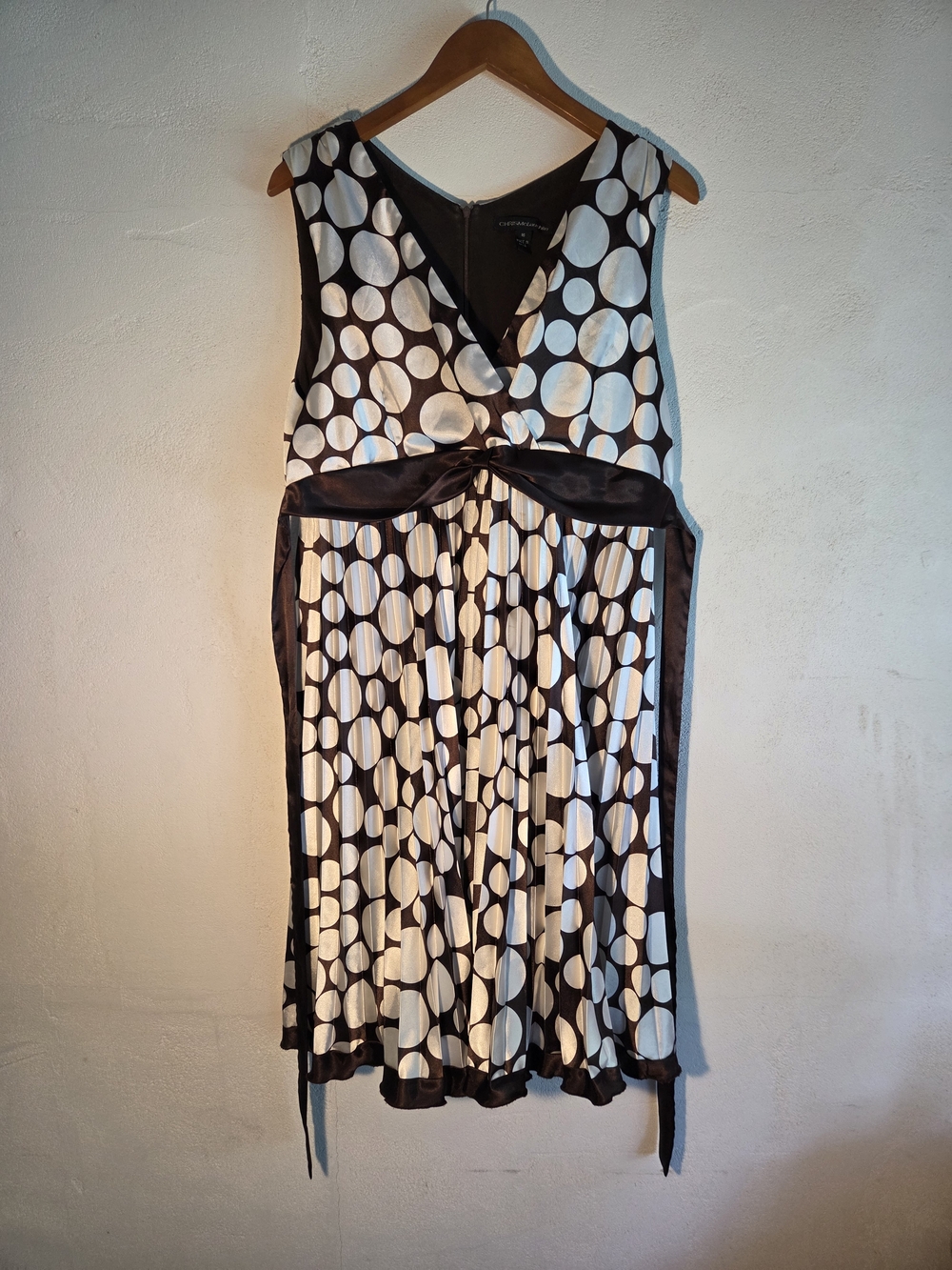 Y2K EARLY 2000s Chris McLaughlin Dress 16 Brown White Polka Dot Pleated Tie Back